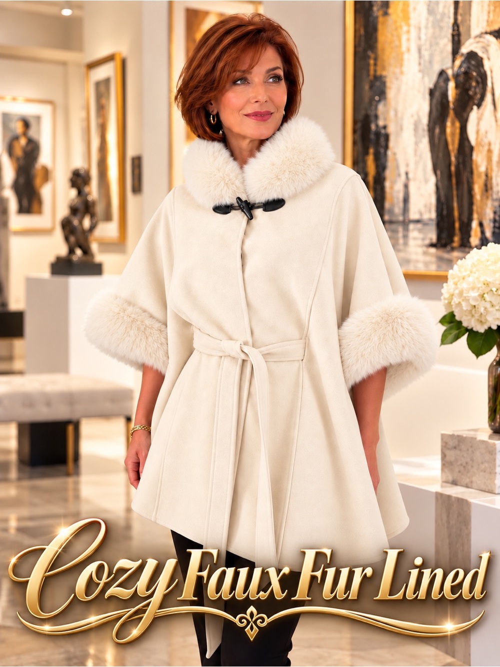 🆕😍😍😍Women’s Cream Faux-Fur Trim Caplet with Tie Waist